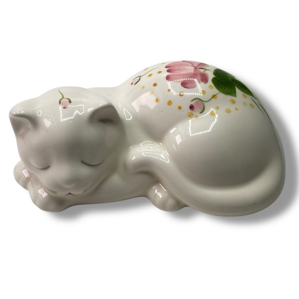 Vintage Lasting Products Handpainted White Sleeping Kitty Cat w/Floral Design 7"